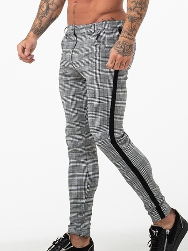  Men's Joggers Chinos Trousers Casual Pants Plaid Checkered Formal Style Full Length Cotton Formal Daily Wear Casual Daily Slim Basic Sports White Black Inelastic
