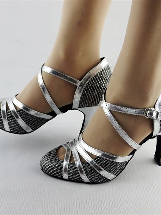  Women's Dance Shoes Modern Shoes Ballroom Shoes Heel Glitter / Splicing Thick Heel Customizable Silver / Performance