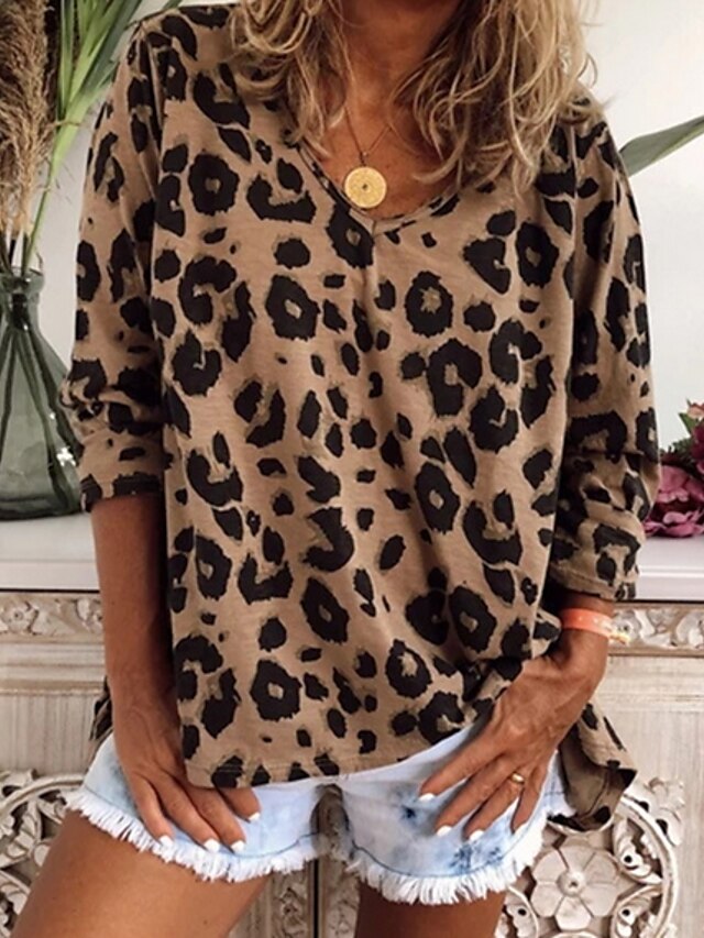  Women's Plus Size T shirt Tee Leopard Cheetah Print Pink Brown Khaki Long Sleeve Daily V Neck Regular Fit
