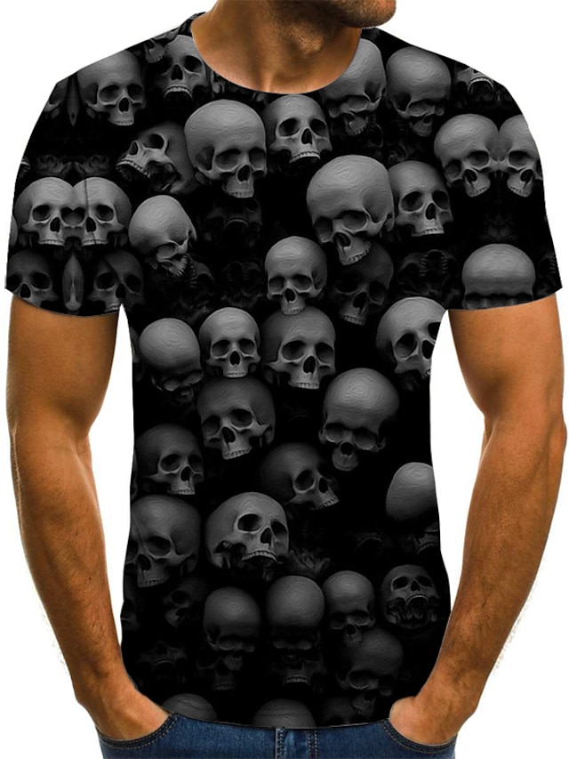  Men's T shirt Graphic Geometric 3D Round Neck Plus Size Daily Going out Short Sleeve Pleated Print Tops Streetwear Exaggerated Black / Skull / Summer / Skull