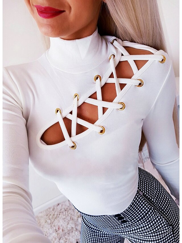  Women's Blouse Shirt Solid Colored Long Sleeve Backless Cut Out Standing Collar Tops Basic Top White Black