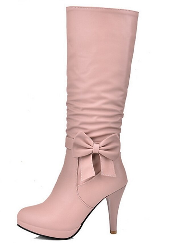  Damen Stiefel Modestiefel Täglich Einfarbig Kniehohe Stiefel Stiefel mit mittlerer Wade Schleife Pumps Runde Zehe Süß PU Reißverschluss Schwarz Weiß Rosa