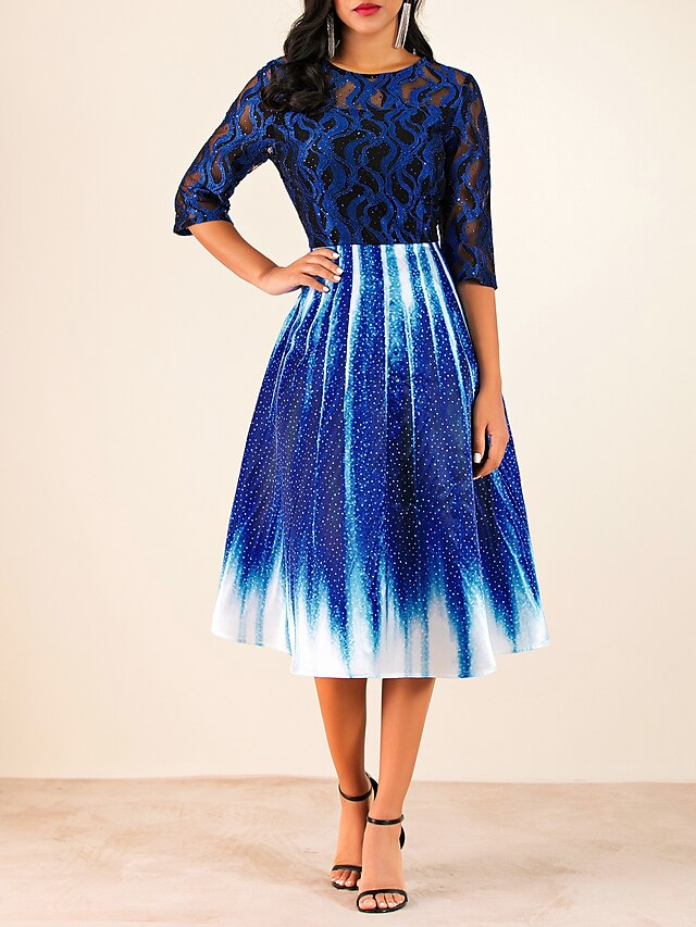  Women's A-Line Dress Midi Dress - Half Sleeve Geometric Lace Royal Blue M L XL XXL 3XL