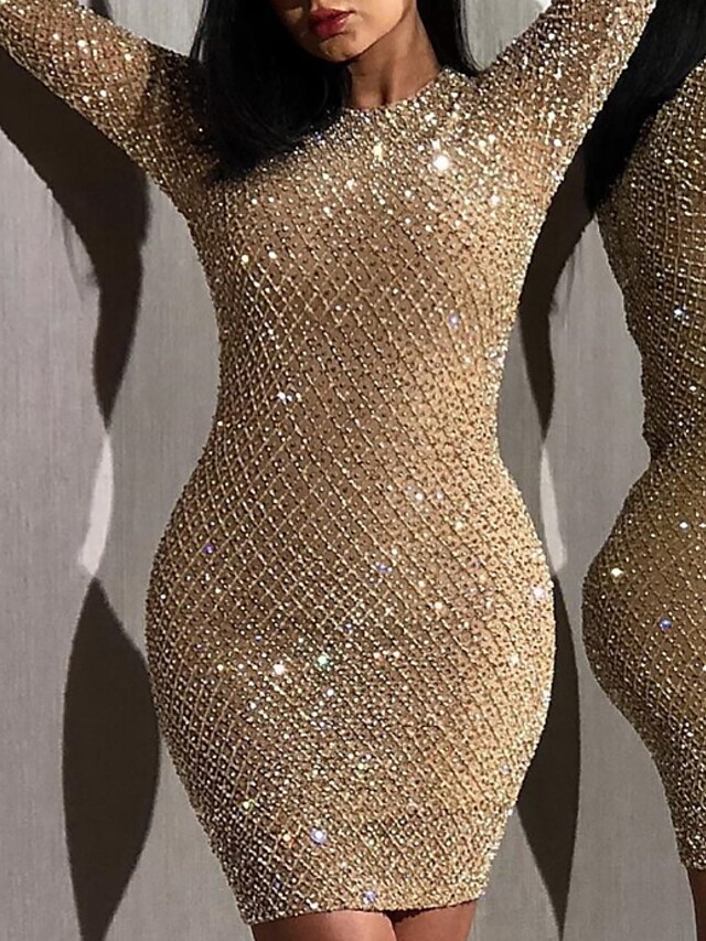  Women's A Line Dress - Long Sleeve Solid Colored Glitter Sexy Cocktail Party Going out Gold S M L XL