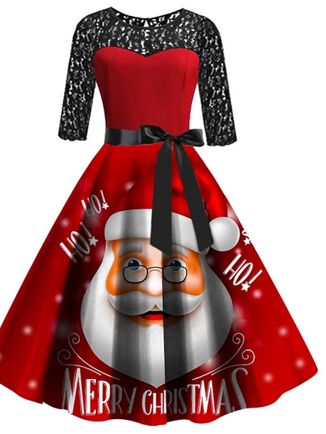  Damen A-Linie Kleid Midikleid - Halbe Ärmel Geometrisch Spitze Druck Elegant Weihnachten Rote S M L XL XXL
