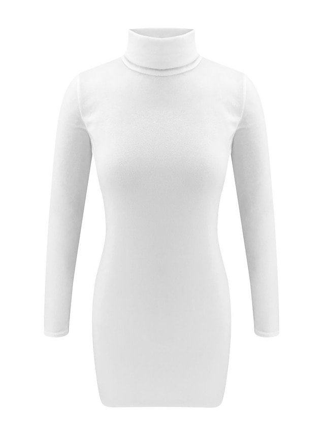  Women's Loose Short Mini Dress - Long Sleeve Solid Colored Knitted Turtleneck Casual Basic Crochet White S M L XL