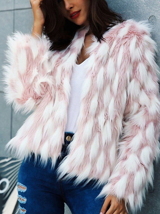  Women's Faux Fur Coat Fall & Winter Daily Regular Coat Regular Fit Jacket Long Sleeve Color Block Blushing Pink