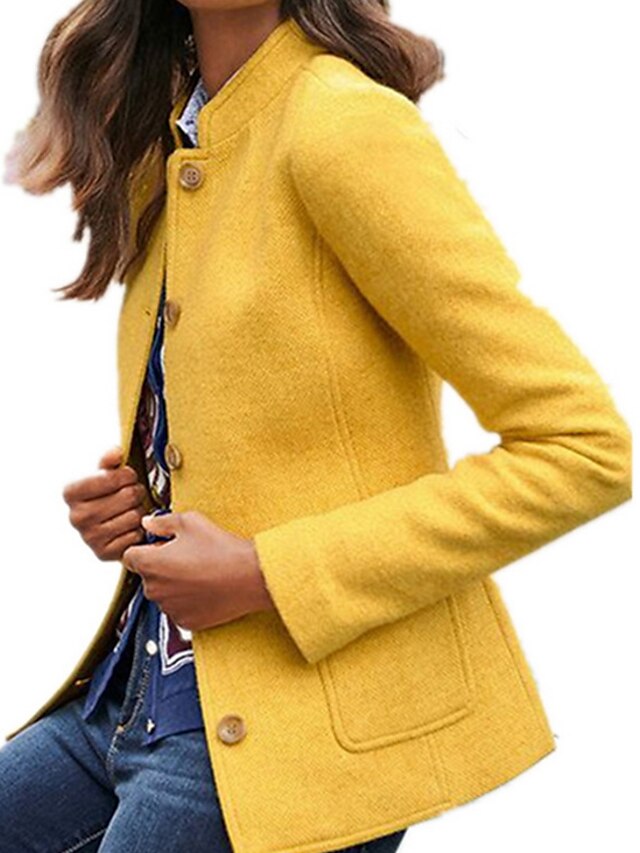  Women's Coat Casual Jacket Daily WorkWear Fall Winter Regular Coat Stand Collar Regular Fit Chic & Modern Jacket Long Sleeve Solid Color Blue Yellow Orange