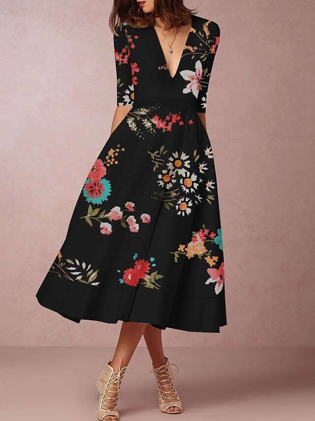  Women's A Line Dress Black Half Sleeve Floral Deep V Elegant S M L XL XXL 3XL