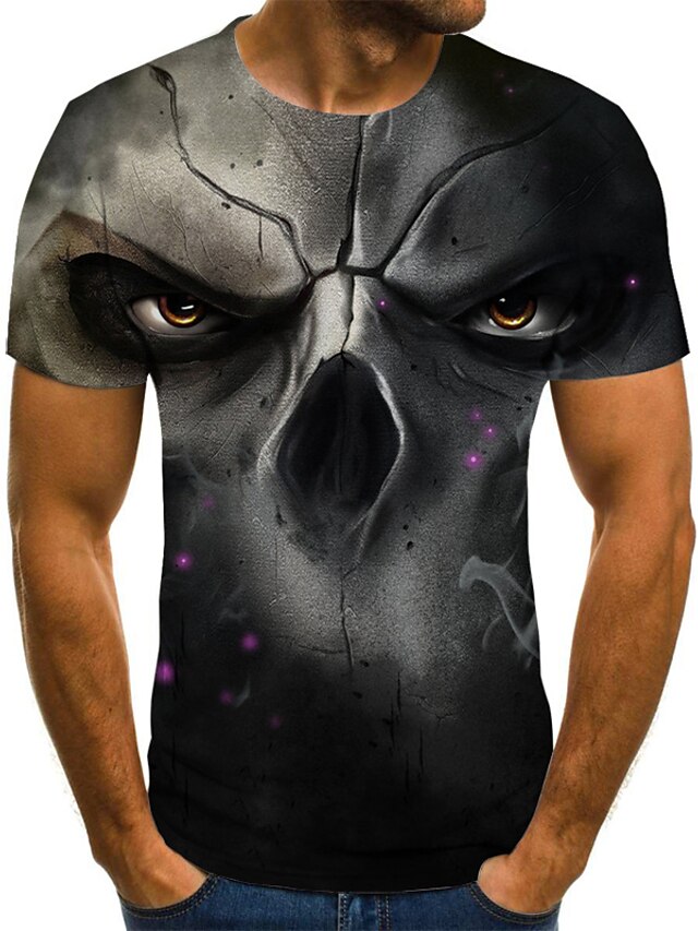  Men's T shirt Graphic 3D Skull Print Short Sleeve Daily Tops Streetwear Punk & Gothic Dark Gray