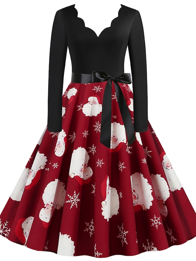  Mini robe Femme Robe Trapèze manche longue basique Bloc de couleur père Noël Col V Soirée Noël Rouge S M L XL XXL 3XL