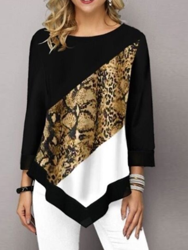 Women's T shirt Leopard 3/4 Length Sleeve Daily Tops Black