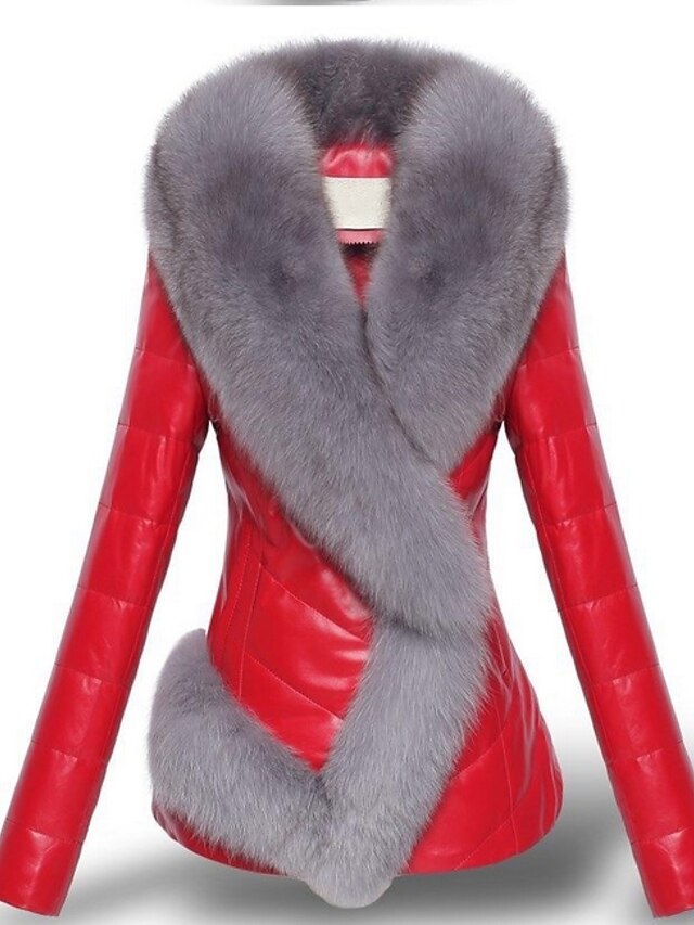  Women's Faux Fur Coat Regular Color Block Daily Black Red Gray S M L