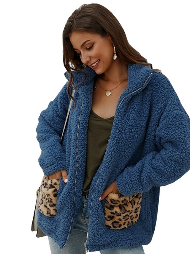  Women's Teddy Coat Long Leopard Print Daily Blue Camel Beige S M L XL
