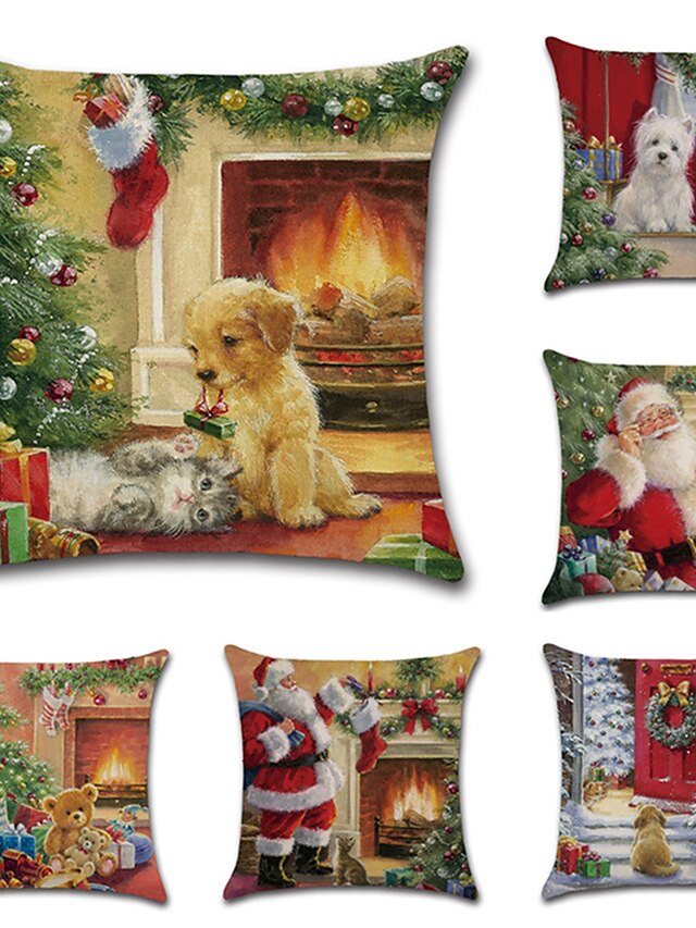 Christmas Throw Pillow Cover 6PCS Xmas Holiday Cartoon Traditional Christmas Throw Cushion Home Decoration