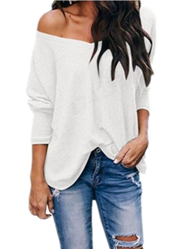  Women's Pullover Solid Colored Long Sleeve Sweater Cardigans Slash Neck Yellow Gray White