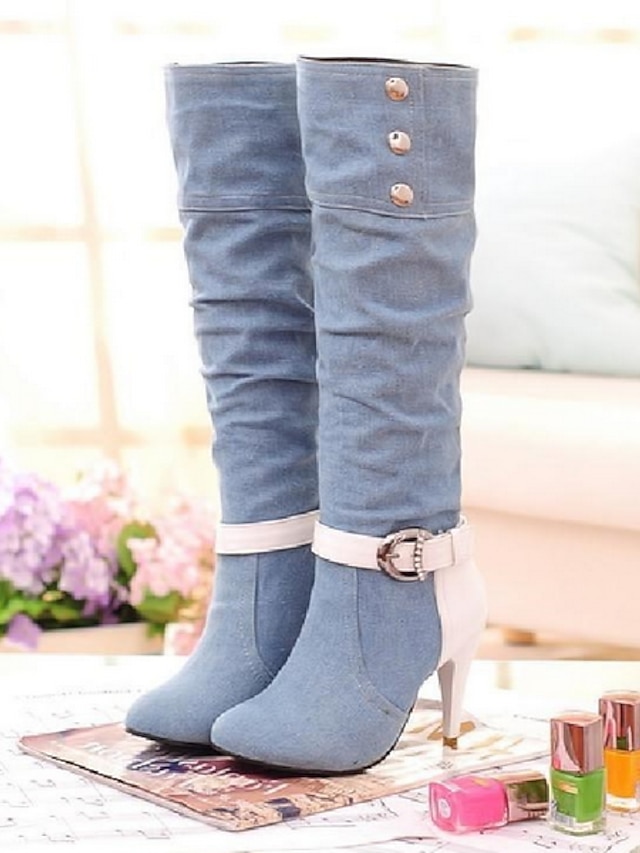 Women's Boots Daily Knee High Boots Chunky Heel Round Toe Canvas Loafer Black Dark Blue Light Blue