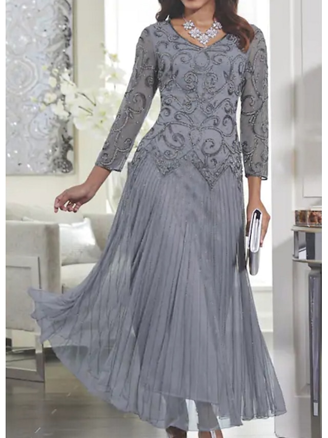  Women's Swing Dress Maxi long Dress - Long Sleeve Solid Colored Lace Spring Fall V Neck Slim Gray M L XL XXL 3XL