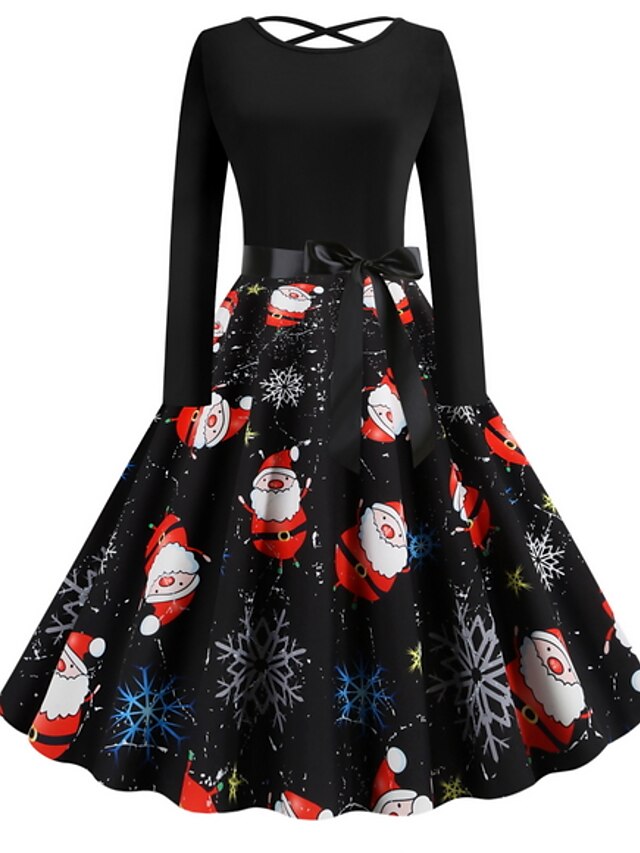  Women's Swing Dress Knee Length Dress - Long Sleeve Floral Print Elegant Christmas Party Black S M L XL XXL