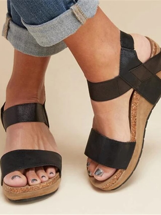  Dame Sandaler Wedge-sandaler Daglig Wedge-sandaler Kile Hæl Kigge Tå PU Ankel Strop Mandel Sort Brun