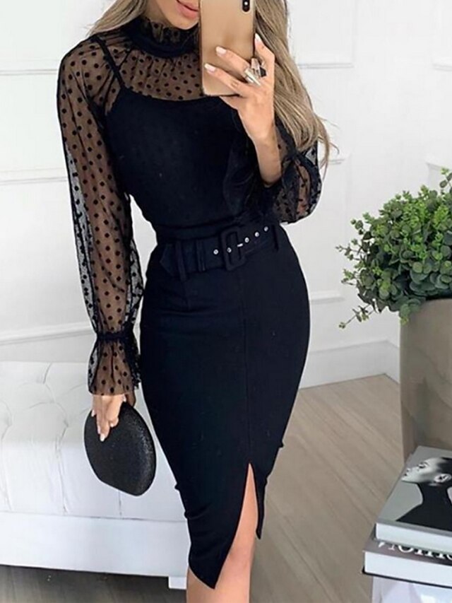 Women's Flapper Dress Black Long Sleeve Solid Colored Split Mesh Round Neck Elegant Going out Puff Sleeve Slim S M L XL XXL