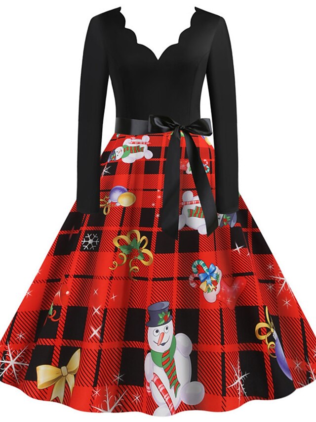  Mini robe Femme Robe Trapèze manche longue basique Bloc de couleur Col V Soirée Noël Rouge S M L XL XXL 3XL