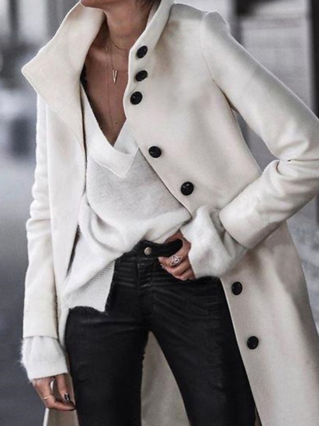  Women's Stand Collar Fall & Winter Coat Long Solid Colored Daily White S M L