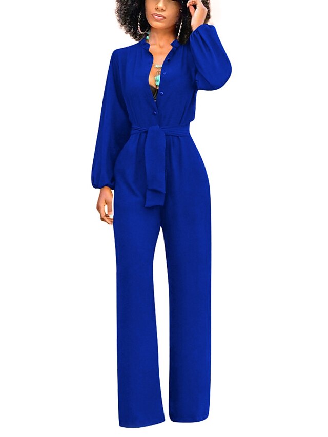  Women's Shirt Collar Slim Jumpsuit Solid Colored