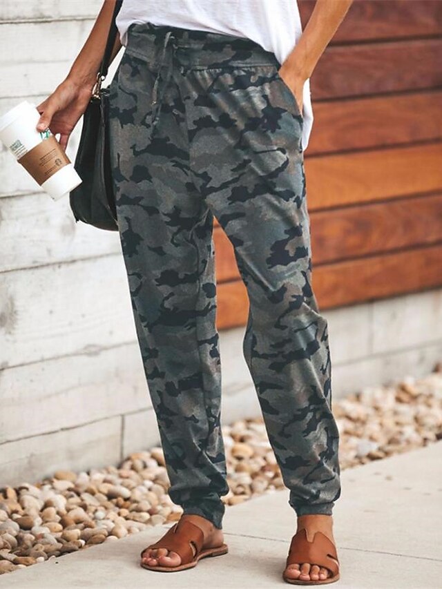  Dame Militær Løstsiddende Chinos Bukser - Camouflage Trykt mønster Grå S / M / L