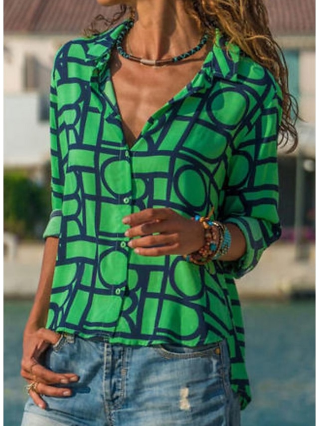  Women's Daily Shirt - Geometric Shirt Collar Green