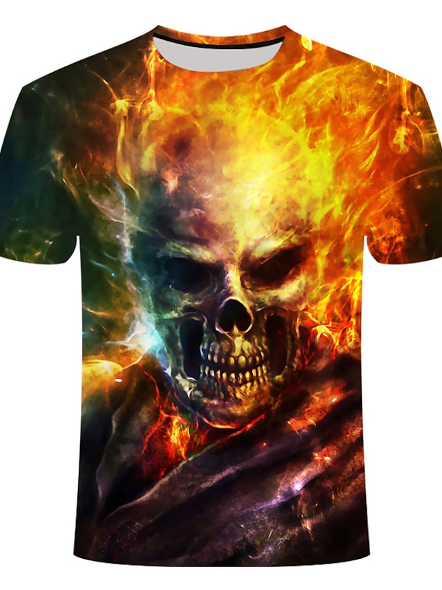  Herre T-shirt Skjorte Grafisk 3D Dødningehoveder Rund hals Plusstørrelser Daglig Kortærmet Toppe Regnbue