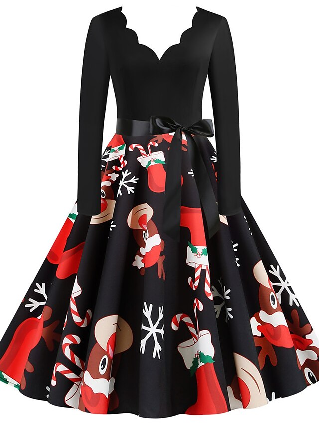  Women's Santa Claus A Line Dress - Long Sleeve Color Block V Neck Basic Christmas Party Daily Wear Black S M L XL XXL XXXL