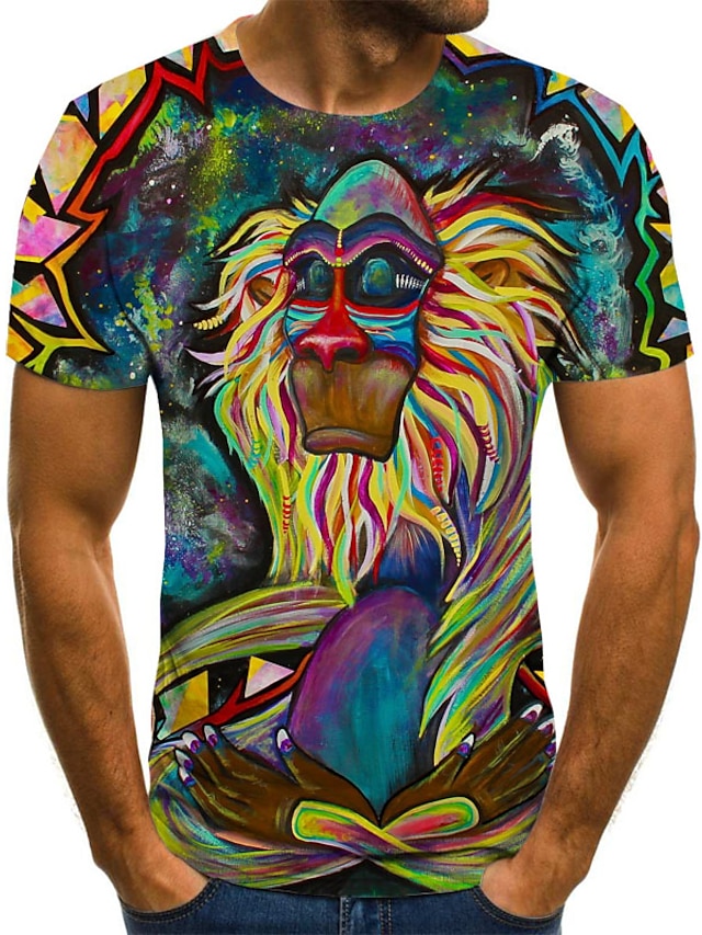  Men's T shirt Graphic Geometric 3D Round Neck Plus Size Daily Going out Short Sleeve Pleated Print Tops Streetwear Exaggerated Rainbow