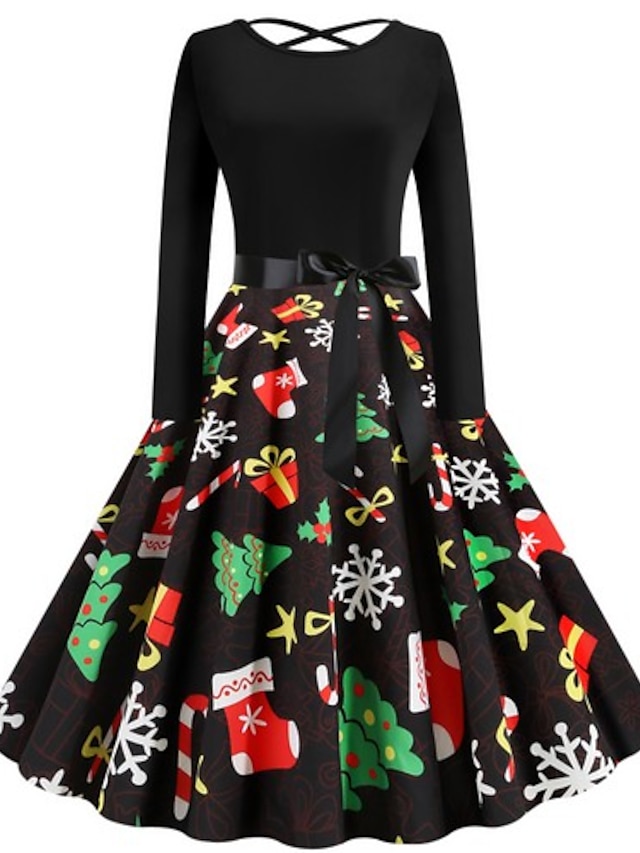  Damen A Linie Kleid Minikleid Schwarz Langarm Geometrisch Rundhalsausschnitt Weihnachten Party S M L XL XXL