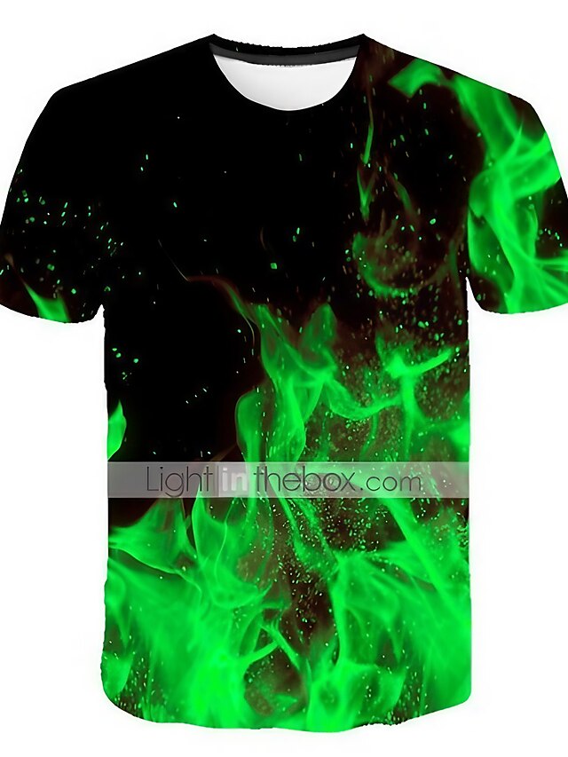  Green Fire T-Shirt Mens 3D Shirt Casual | Summer Cotton | Graphic Antique Men'S Unisex 3D Print Tee Flame Party Causal Daily Short Sleeve Round Neck