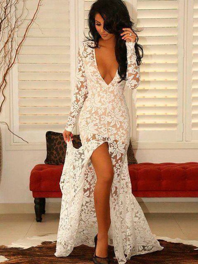  Women's Maxi White Dress Sheath Floral Deep V S M Slim / Lace
