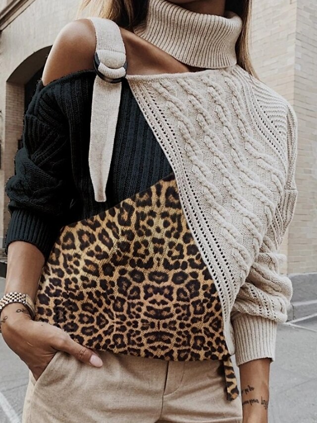 Women's Leopard / Color Block Long Sleeve Pullover Sweater Jumper, Turtleneck Beige S / M / L