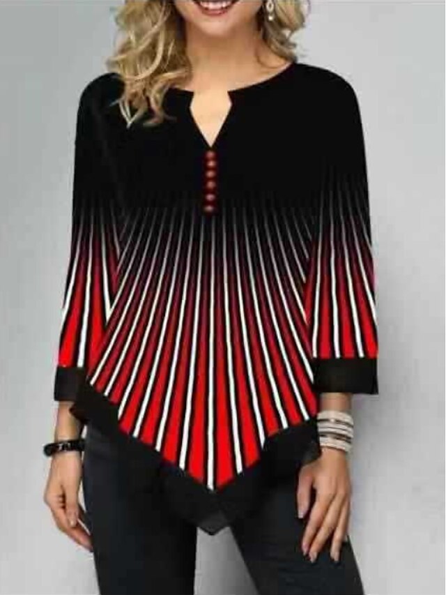  Women's T shirt Color Block 3/4 Length Sleeve Daily Tops Red Green
