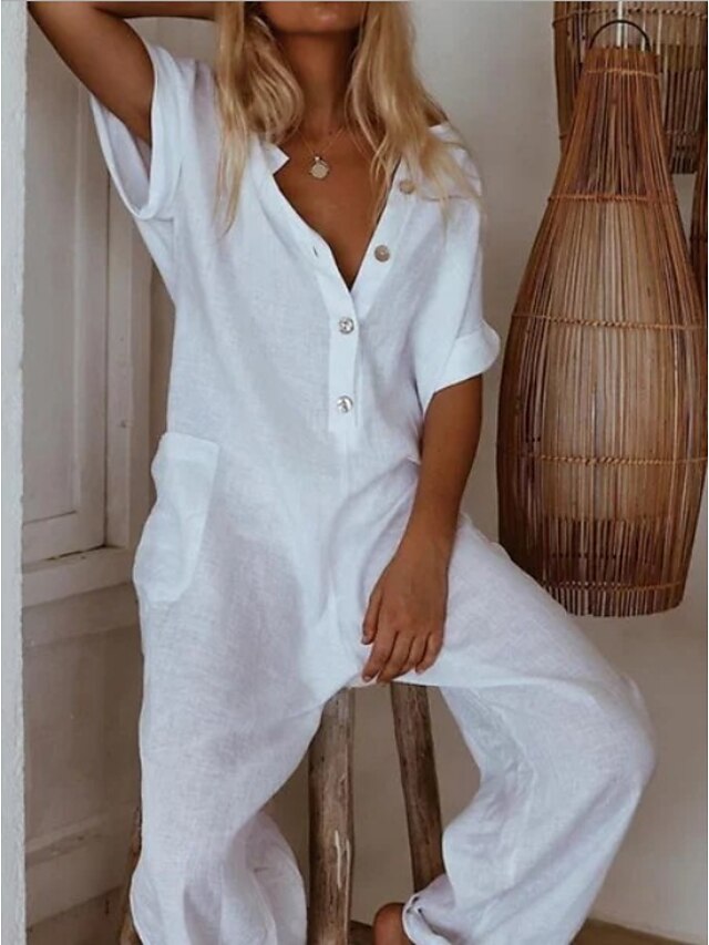  Women's Jumpsuit Solid Color Pocket Casual Shirt Collar Wide Leg Daily Half Sleeve Regular Fit White Black Wine S M L