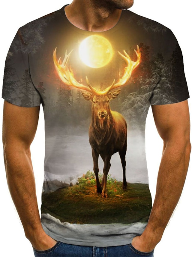  Men's T shirt Tee Animal Color Block 3D Round Neck Gray Going out Club Short Sleeve Print Clothing Apparel Streetwear Punk & Gothic