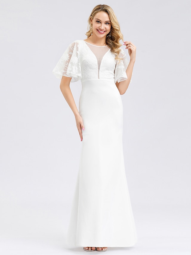  Mermaid / Trumpet Wedding Dresses Jewel Neck Floor Length Spandex Lace Polyester Short Sleeve Simple Casual Illusion Detail Elegant with Lace Insert 2021