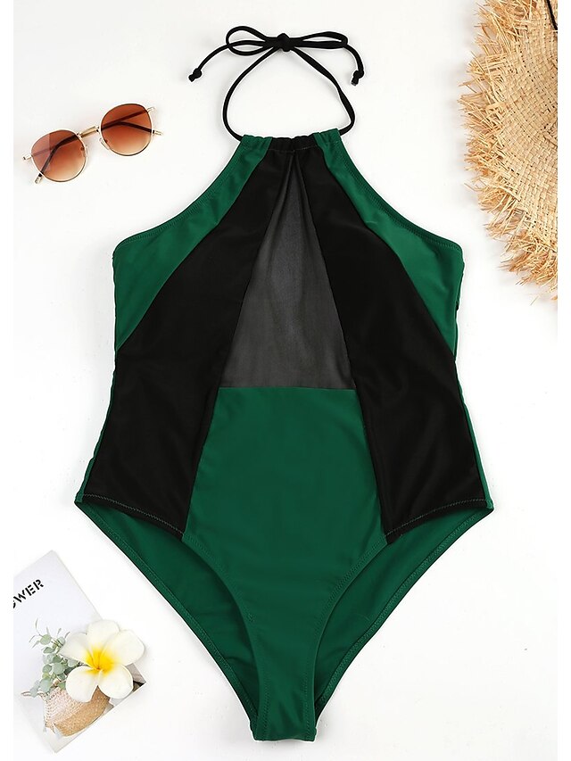  Mulheres Nadador Básico Biquíni roupa de banho Cordões Estampado Sólido Roupa de Banho Fatos de banho Verde