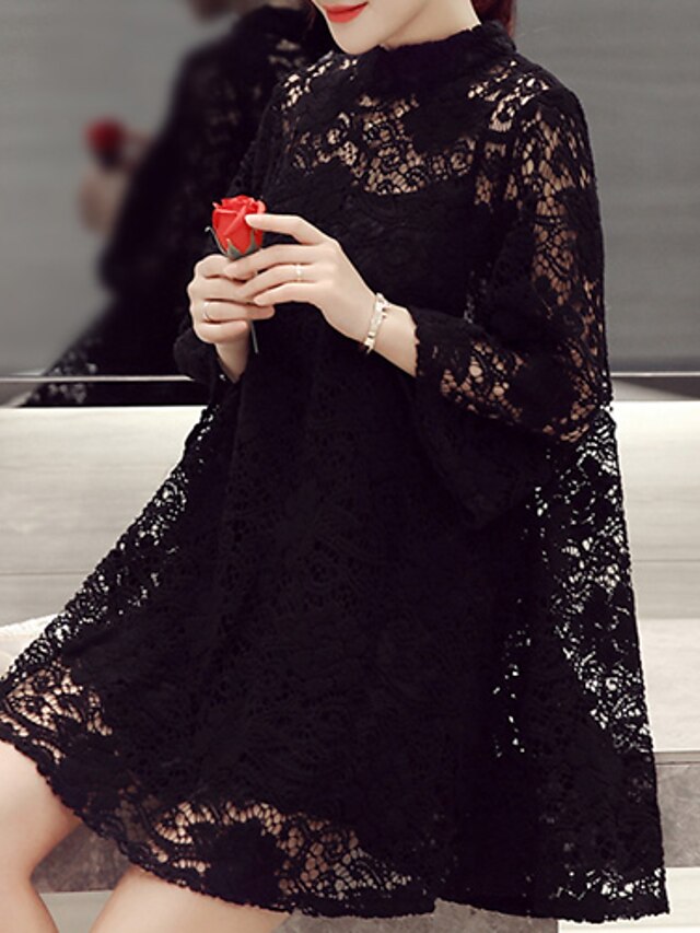  Mujer Blusa Color sólido Escote Redondo Noche Fin de semana Encaje Corte Ancho Tops Blanco Negro