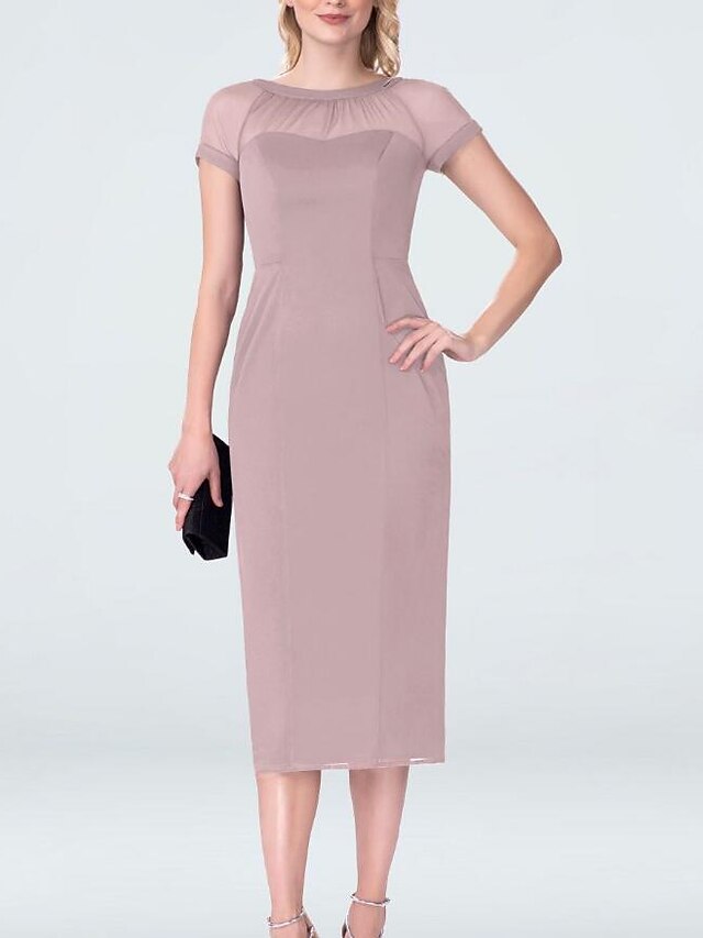  Sheath / Column Mother of the Bride Dress Plus Size Jewel Neck Tea Length Chiffon Short Sleeve with Split Front Ruching 2021