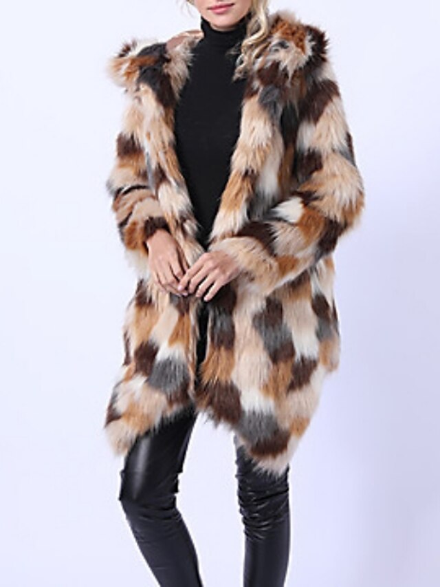  Women's Winter Fur Coat Long Color Block Going out Rainbow S M L