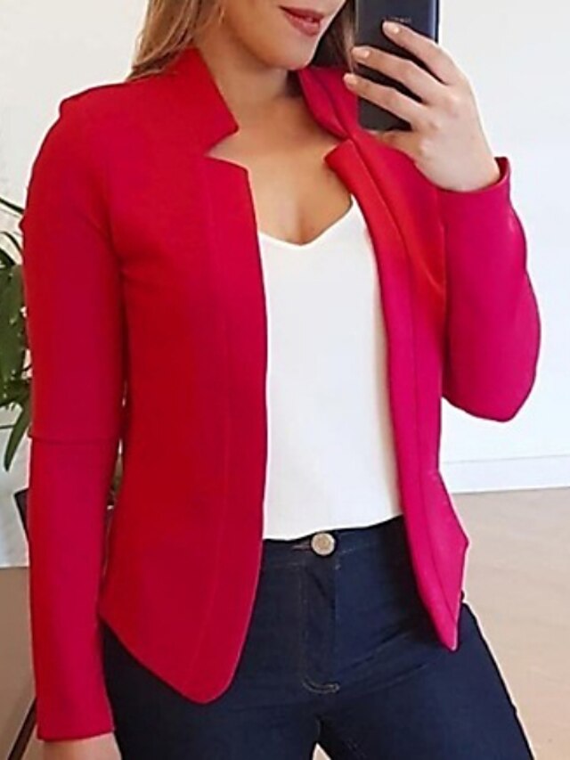  Women's Blazer Solid Colored Polyester Coat Tops White / Black / Red