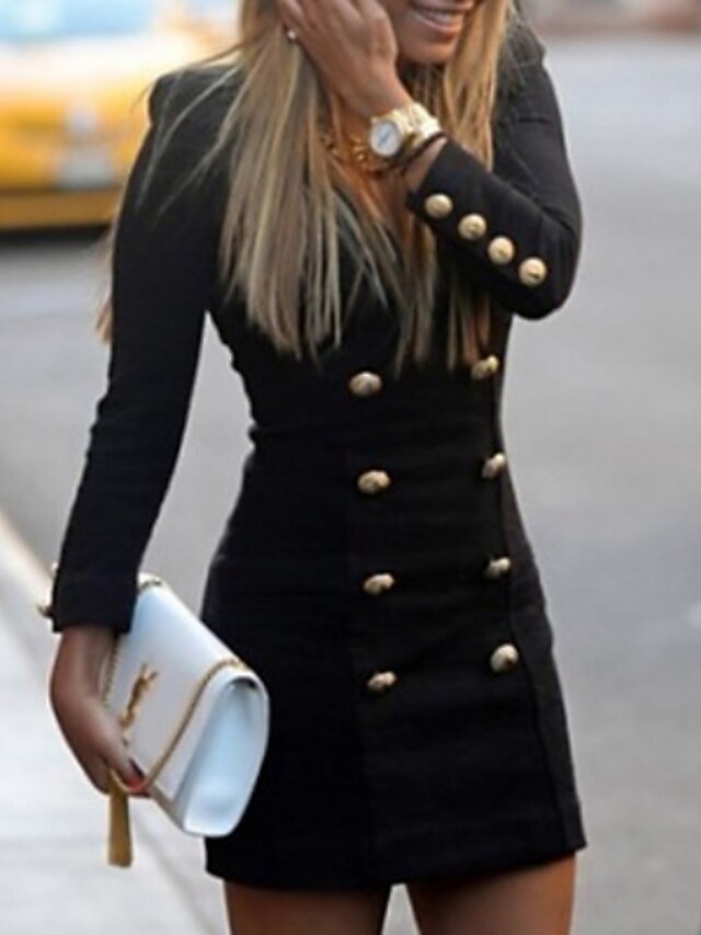  Mini robe Femme Robe Fourreau manche longue Vêtement de rue chaud Bouton Couleur Pleine V Profond Noir S M L XL XXL