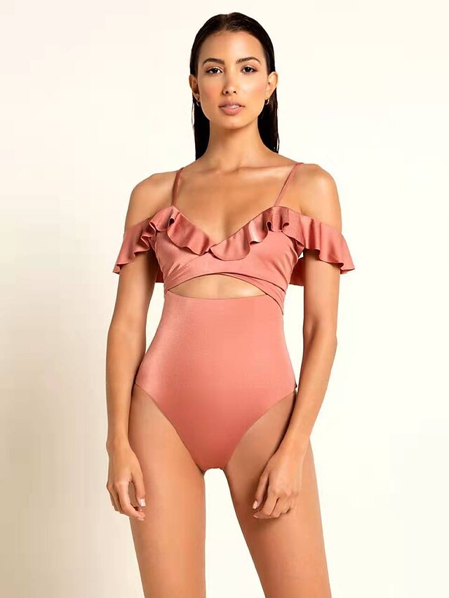  Women's Bandeau Basic Bikini Swimsuit Lace up Solid Colored Swimwear Bathing Suits Blushing Pink