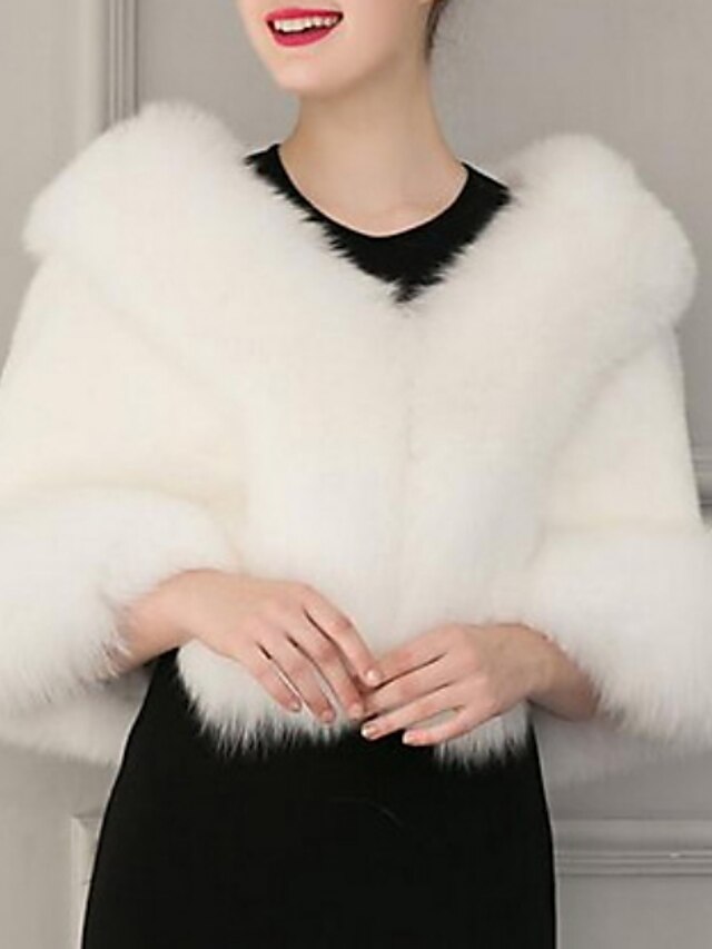  Mulheres Lapela Xale Inverno Casaco de Pêlo Curto Sólido Para Noite Vintage Branco Preto Tamanho Único / Manga Morcego