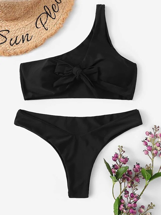  Femme Basique Noir Jaune Rouge Bandeau Slip Brésilien Bikini à nouettes Bikinis Maillots de Bain Maillot de bain - Couleur Pleine Lacet S M L Noir